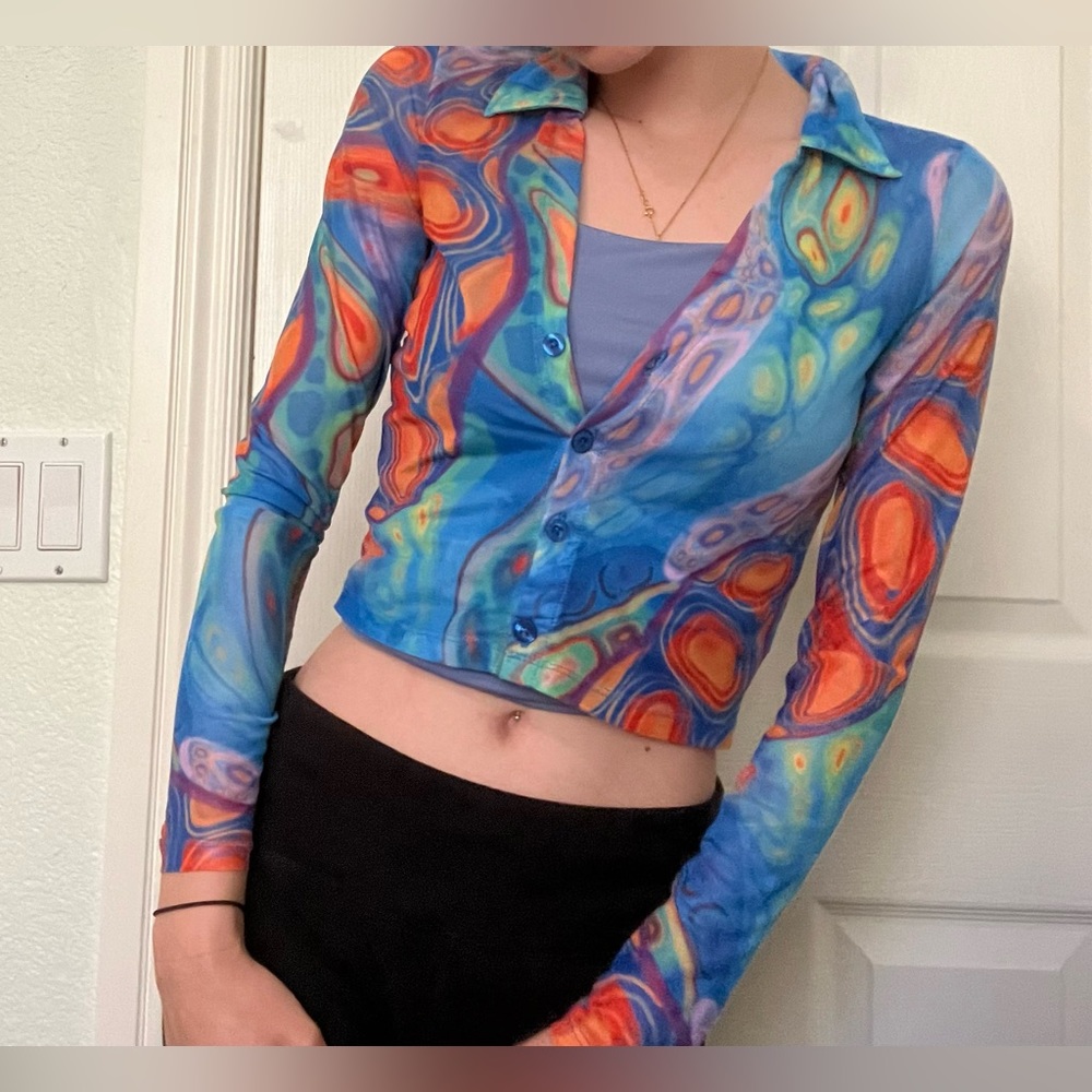 Mesh artsy long sleeve crop top (small)